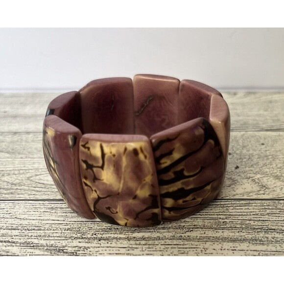 Tagua Nut Stretch Wide Bracelet Purple Brown Boho Style - Picture 1 of 7